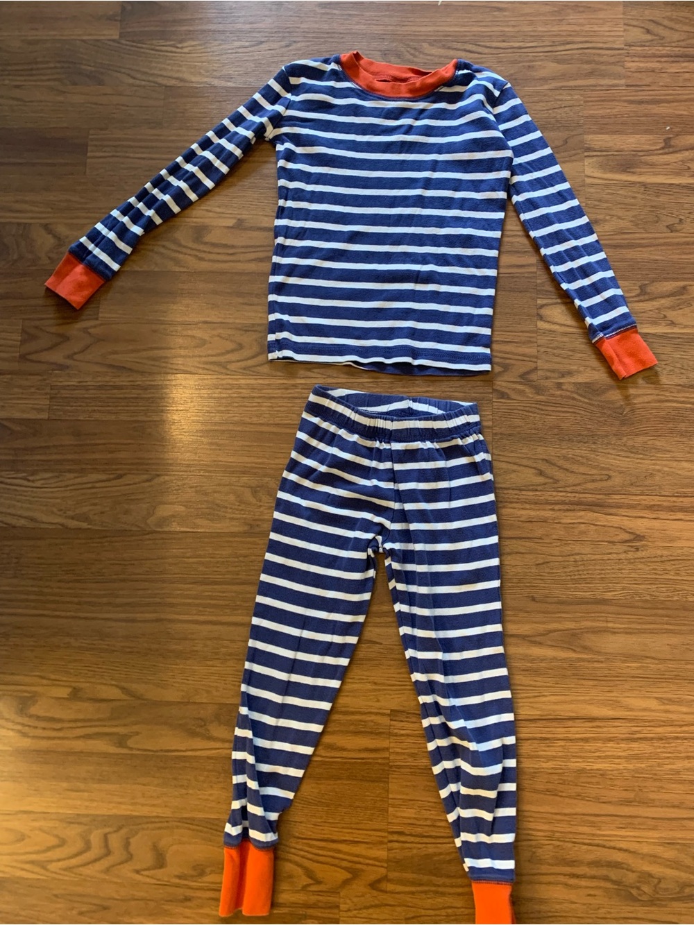 Mini Boden Navy and White Striped Pajama Set with Orange Trim | 6